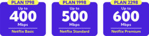 "Three Converge internet bundle plans with Netflix. First: Plan 1798 offers up to 400 Mbps with Netflix Basic. Second: Plan 1998 offers up to 500 Mbps with Netflix Standard. Third: Plan 2298 offers up to 600 Mbps with Netflix Premium. The layout features bold white and yellow text on a purple background."