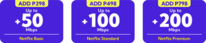 "Three Converge internet upgrade bundles with Netflix. First option: Add ₱298 for up to +50 Mbps and Netflix Basic. Second: Add ₱498 for up to +100 Mbps and Netflix Standard. Third: Add ₱798 for up to +200 Mbps and Netflix Premium. Purple background with bold white and yellow text."