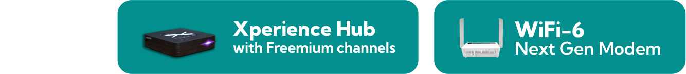 Visual of Converge add-ons: Xperience Hub with Freemium channels featuring a black set-top box, and WiFi-6 Next Gen Modem shown as a modern white router. Teal background with white text.